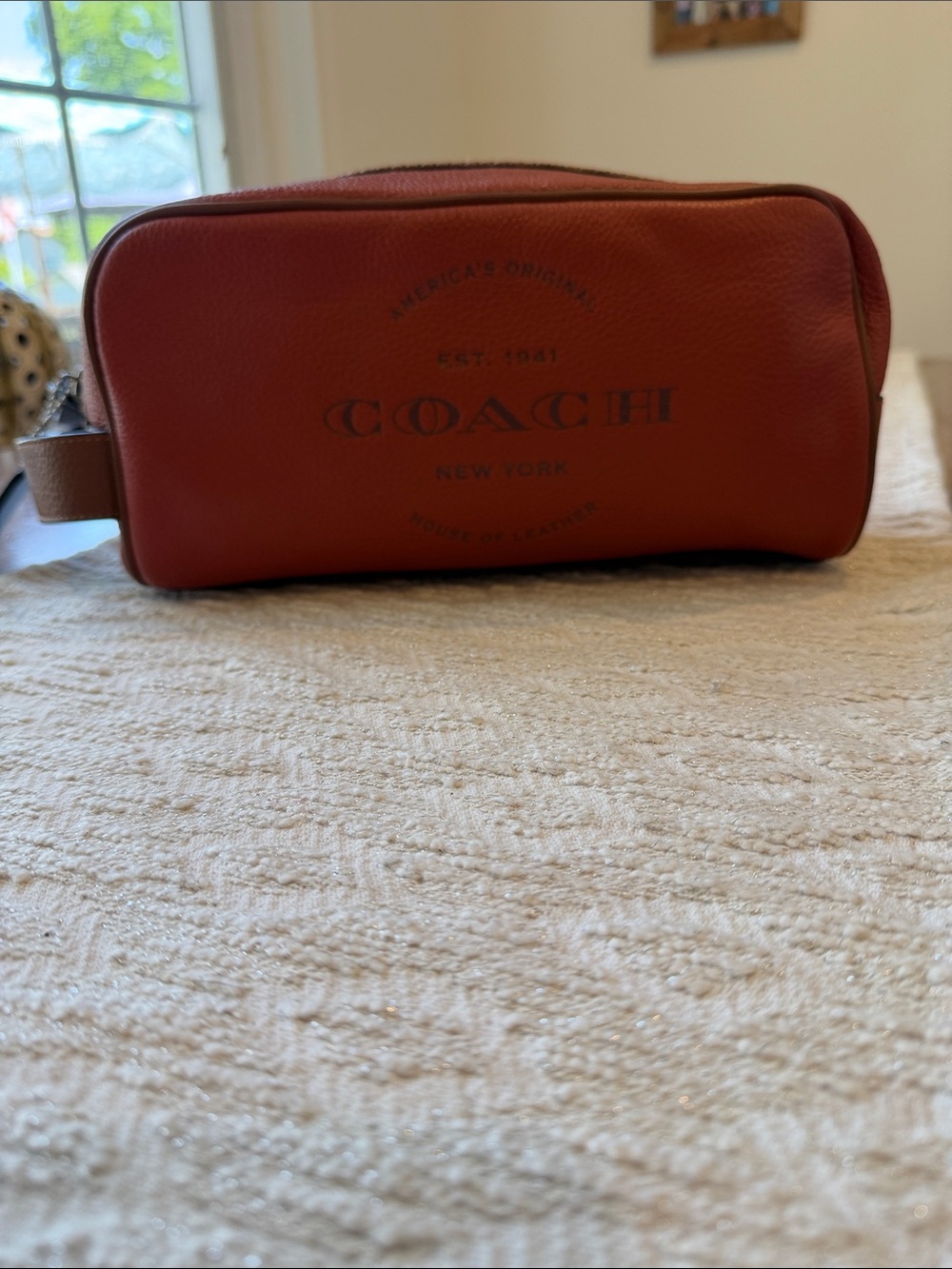 COACH Dark Orange/Brown/Black Leather Men's Toiletry Kit with Side Carry Tab